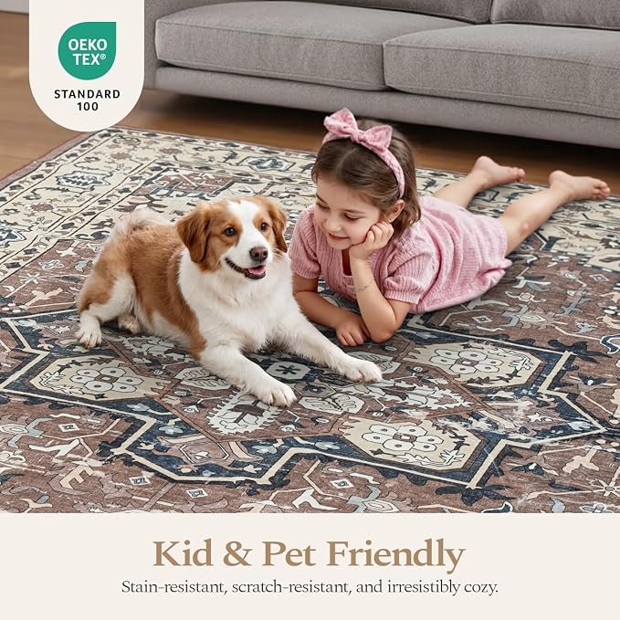 Rugflix 8x10 Area Rugs for Living Room, Washable Brown Beige Large Rug | Machine Washable; Stain-Resistant; Low Pile; Non-Slip; Vintage Printed; Carpet for Bedroom Dining Office Nursery Home