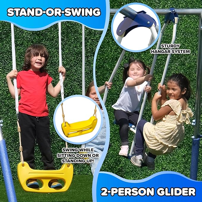 Sportspower 800lbs ‘Swing & Play’ Metal Swing Set for Backyard & Outdoors, 2 Swings & Standing Swing, 2-Person Glider, 2-Person Saucer, 5ft Slide, Bonus Anchors, 6-YR WRTY, 6.1' Tall