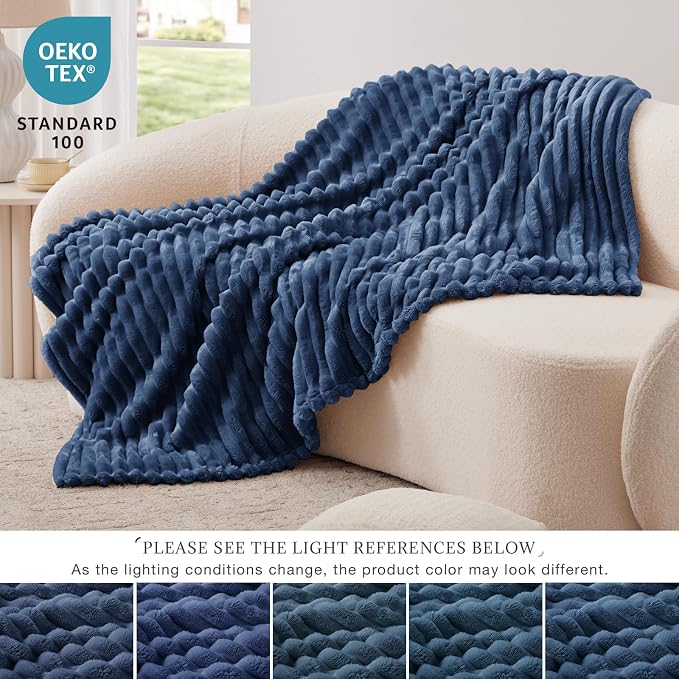 EXQ Home Fleece Throw Blanket for Couch or Bed - 3D Stripe Jacquard Decorative Blankets - Cozy Soft Lightweight Fuzzy Flannel Blanket Suitable for All Seasons(50"×60",Dark Blue)