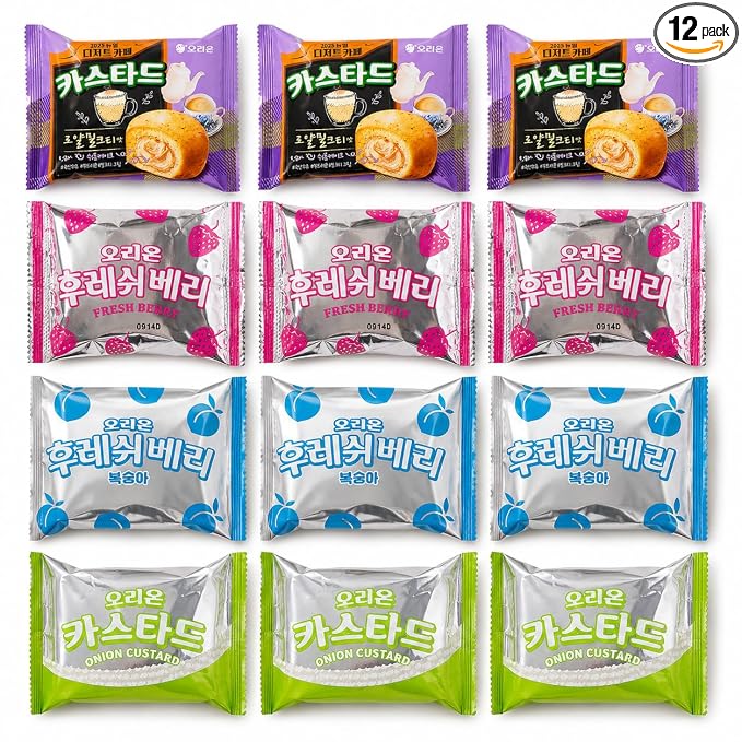 Orion Korean Sweet Dessert Variety Pack, Custard Soft Cake Assortment, Individually Wrapped Korean Snacks, Custard, Strawberry, Peach & Royal Milk Tea Flavors, 12 Packs Total, 0.88 oz Each