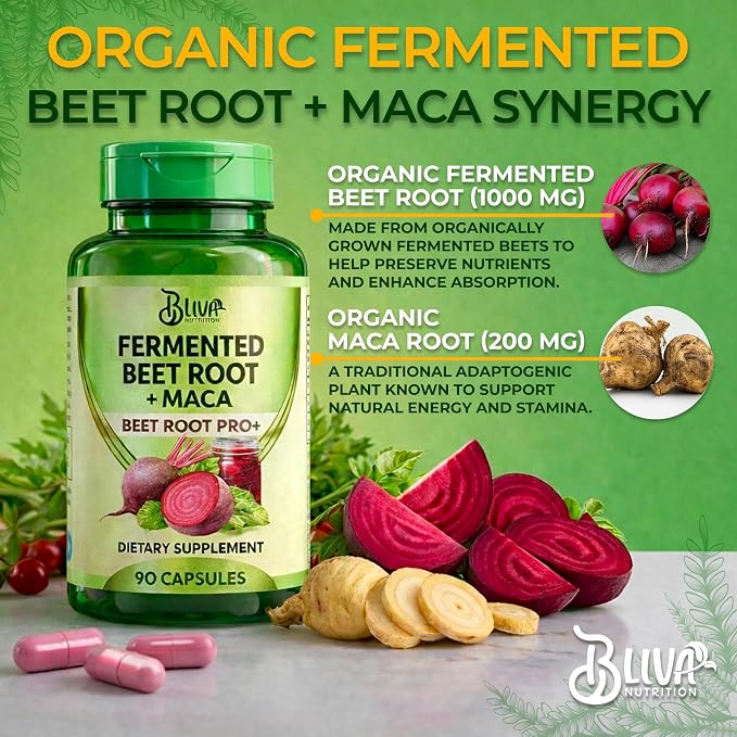 BLIVA Organic Fermented Beet Root with Maca Capsules - 1200mg - Beetroot Hight Potency Extract Powder Pills - Beets Supplements and Maca - Healthy Energy & Circulation Support Supplement - 90 Capsules