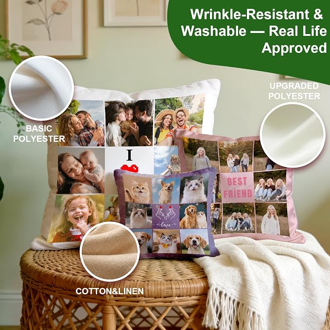 Bemaystar Custom Pillow with Picture & Text, Ships Next Day, Made in USA - Personalized Pillow Picture- Personalized Gifts for Mothers Day, Decorative Throw Pillow (No Insert)-8 Photos