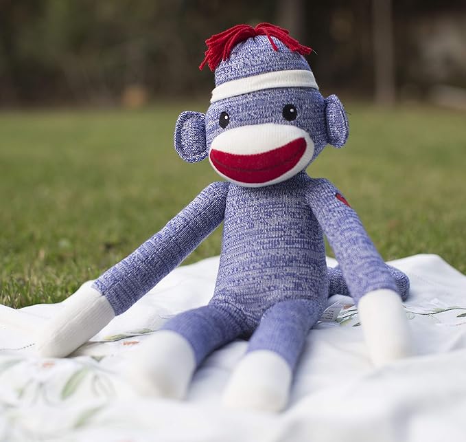 Plushland Adorable Sock Monkey, The Original Traditional Hand Knitted Stuffed Animal Toy Gift-for Kids, Babies, Teens, Girls and Boys Baby Doll Present Puppet 20 Inches (New Blue)