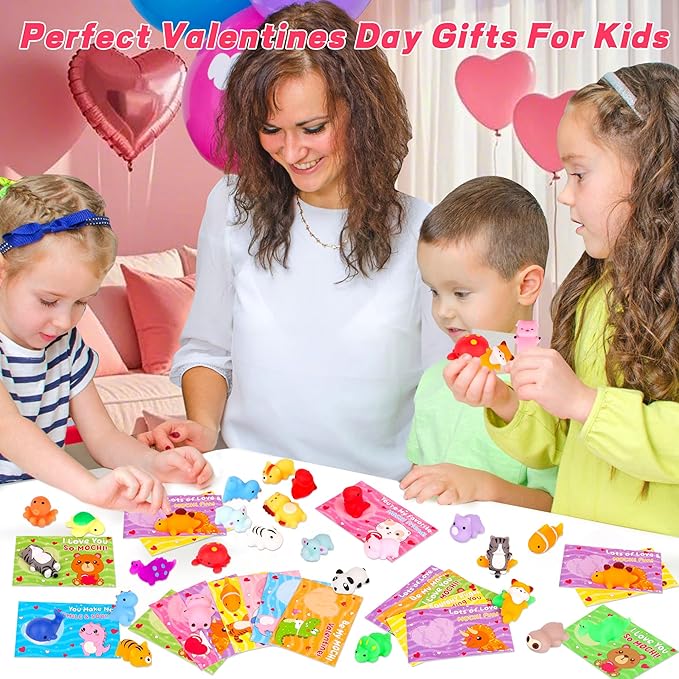 28 Pack Kids Valentines Day Cards with Cute Mochi Squishies Valentines Day Gifts for Kids Classroom, Valentines for Kids School Valentines for Class Exchange Cards Prizes Party Favors for Boys Girls