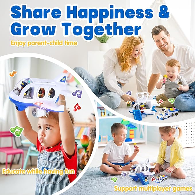 PLAY Airplane Toy for Kids - Toddler Airplane Toys Travel Plane Toys for Kids 2+ Years Old with Small Figures & Baggage Carrier, Musical Toy Airplane with Lights for Boys Girls Gifts Birthday (Blue)