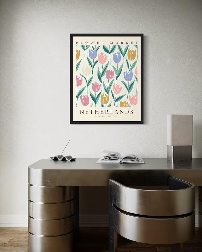 Netherlands Flower Market Art Print Poster, Wall Art Floral Painting Botanical Decor for Bedroom, Kitchen, Bathroom Livingroom Decoration 82B (Netherlands,10"L x 8"W, Black Frame)