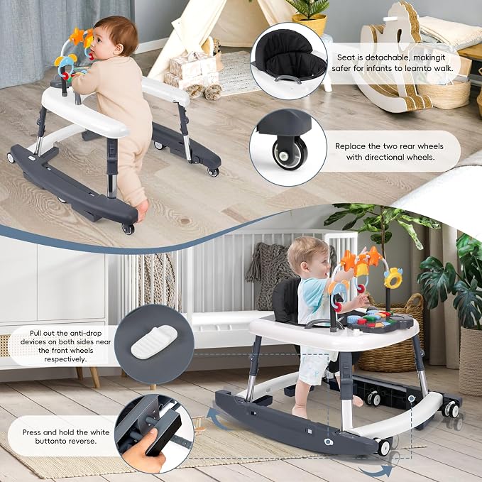5-in-1 Music and Lights Foldable Baby Walker, Baby Walker with Wheels and Bouncer Combo Portable with 5 Adjustable Heights, Infant Toddler Walker for Baby Boy Girls 6-18 Months（Grey）