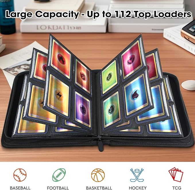 Top Loader Binder, 4 Pockets Card Binder Holds 112 Top Loaders, Premium Trading Card Collection Holder, Top Loader Storage Album for TCG, Sports Cards, Black (FOR TOP LOADERS ONLY)