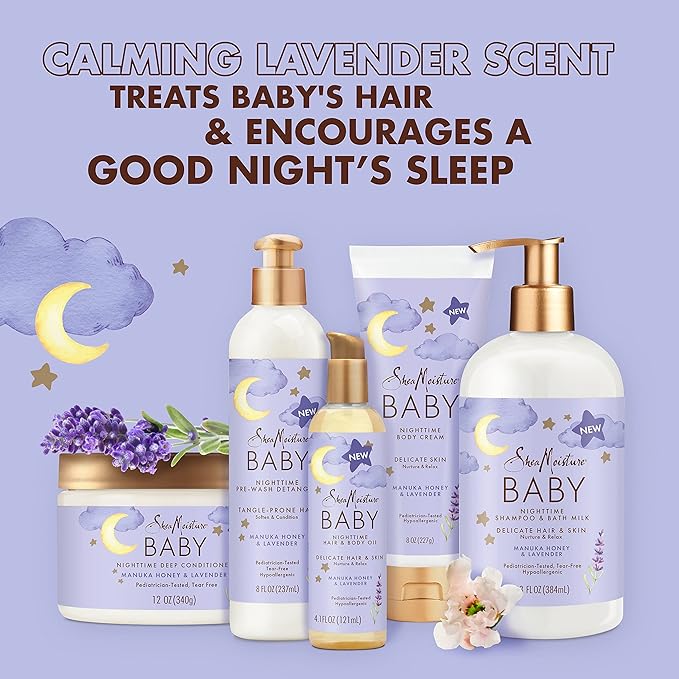 Shea Moisture Baby Shampoo & Bath Milk Manuka Honey & Lavender for Delicate Hair and Skin Nighttime Skin and Hair Care Regimen 13 oz (Pack of 4)