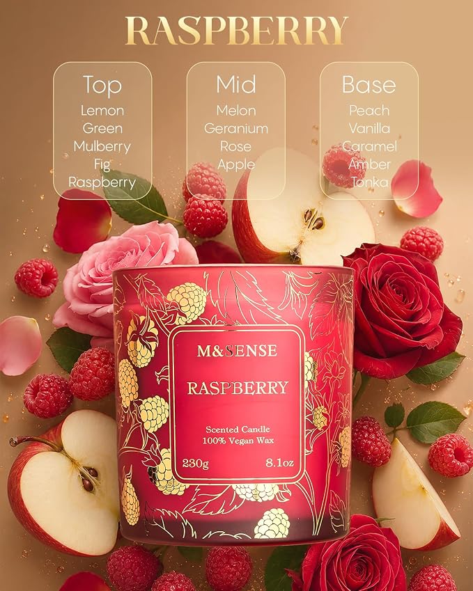 M&SENSE Raspberry Soy Candle, 8.1oz Gilded Glass Winter Gift | 42H Long Burn, Natural Soy Wax, Gilded Glass Jar, Berry Scent, Aromatherapy Calm, Warmer Safe, Reusable Eco Jar