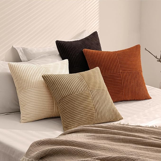 MIULEE Brown Beige Throw Pillow Covers 20x20 Inch Set of 4 Boho Farmhouse Cushion Cases for Livingroom Couch Bed Soft Corduroy Pillow Cases with Invisible Zipper Home Decor