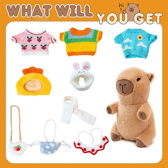 Capybara Plush with 10 Pcs Clothes & Accessories,Christmas Stuffed Animals, 10.2 in Cute Capybara Plush Toys,Birthday Gifts&Dress Up Cute Plushies for Boys/Girls (Chicken-C)