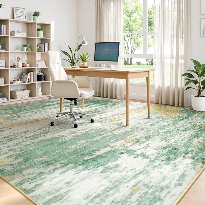 8x10 Area Rug for Living Room, Abstract Washable Large Rugs, Light Green | Soft Neutral Carpet for Bedroom, Dining Room, Home Office Nursery Indoor, Stain Resistant,Non-Slip, Low Pile, Modern Rug