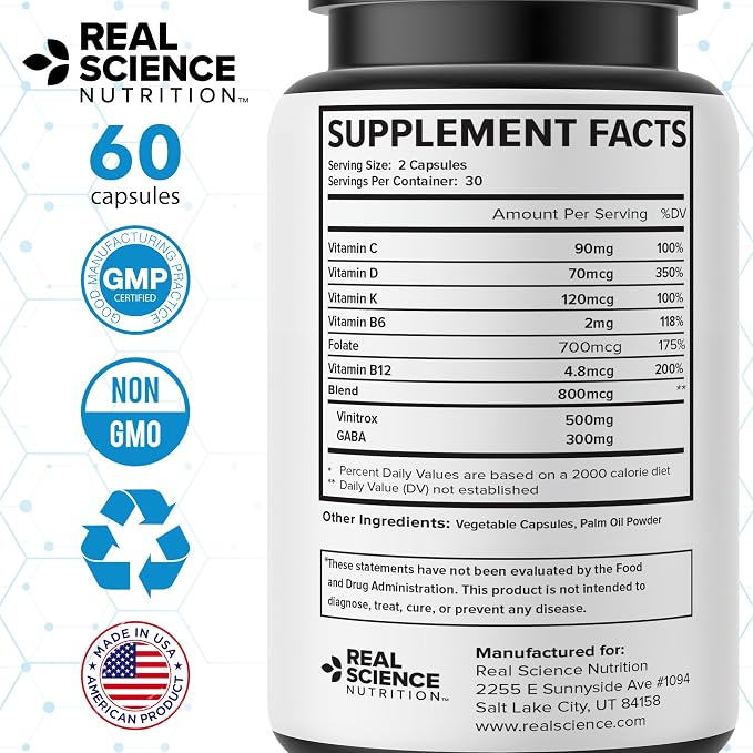 Real Science Neuro Calm All Natural Stress Support Supplement for Mood & Relaxation Includes Vinitrox & GABA for Daily Wellness & Nervous System Support Non Drowsy, Made in USA, 60 Capsules
