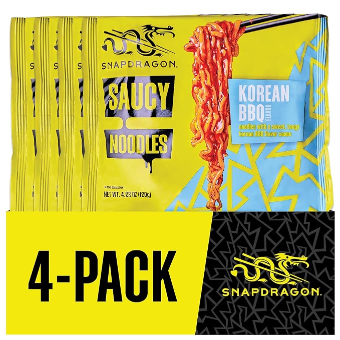 Snapdragon Saucy Instant Noodles with Korean BBQ Slurpable Sauce - Quick Meal, Snack, and Lunch. 4-Pack Microwave Noodles for Cup, Bowl, Ramen or Asian Stir Fry