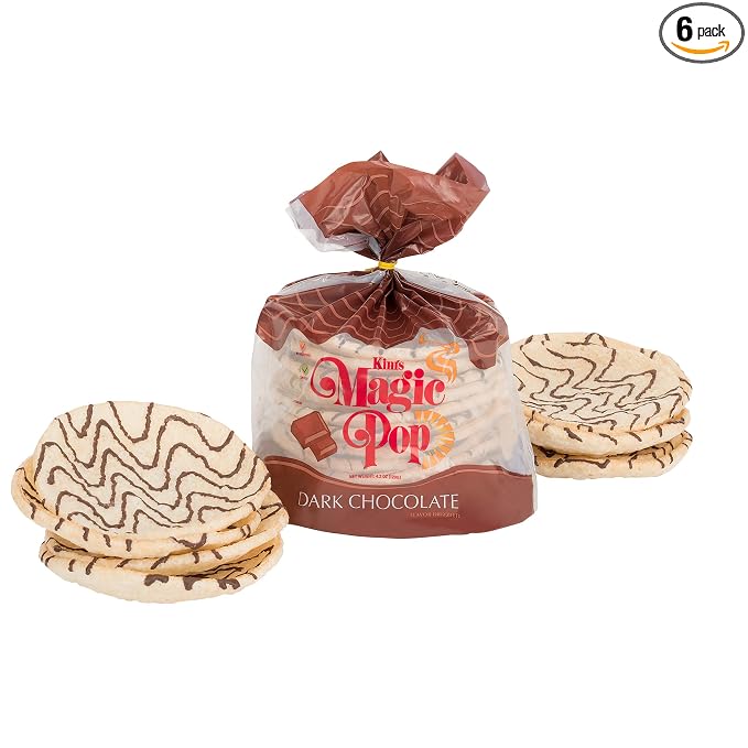 Kim's Magic Pop - Dark Chocolate Flavor Drizzled | 6 Bags | 12 Cakes per Bag | Low Carb, No Trans Fat, All Natural, Multigrain Korean Snack | Easy Bread, Chip, Cracker Replacement