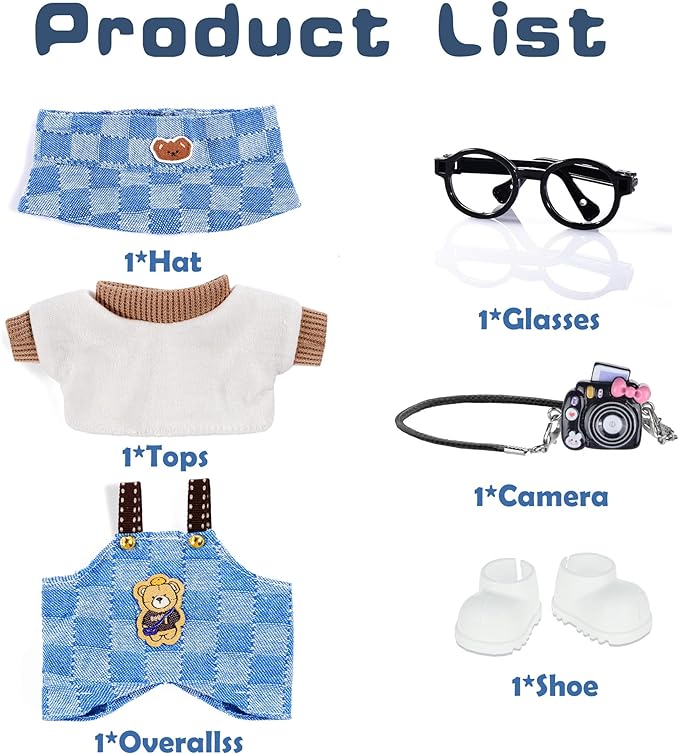 17cm Doll Clothes Outfits Accessories Set Include: 1 Hat, 1 Top, 1 Pants, 1 Bag, 1 Glasses and 1 Shoes for Dress up Your Dolls (Doll Not Included), Outfits #Blue