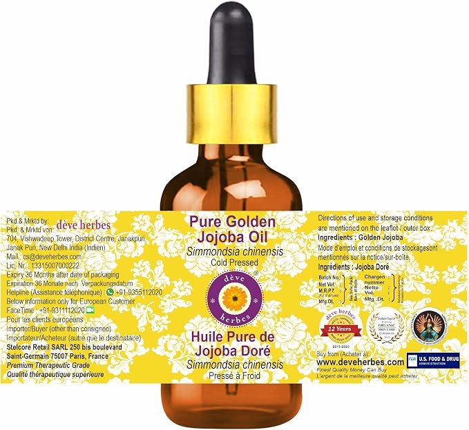 Deve Herbes Pure Golden Jojoba Oil (Simmondsia chinensis) with Glass Dropper Cold Pressed 100ml (3.38 oz)