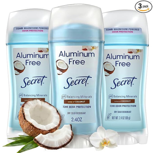 Secret Aluminum Free Deodorant for Women, 48hr Odor Protection, Naturally Derived Ingredients, Free of Parabens Dyes Talc & Baking Soda, PH Balanced, Dry Solid, Coconut Scent, 2.4 oz (Pack Of 3)