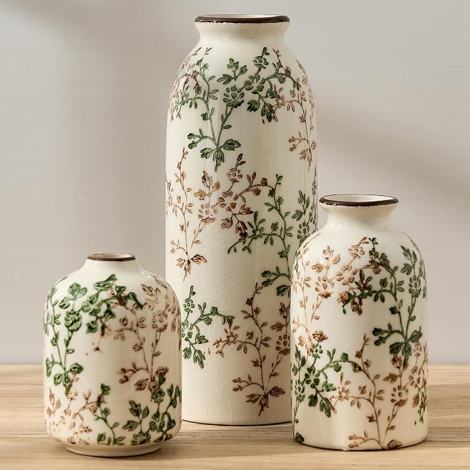 Green and Beige Antique Vase Set of 3, Vintage Chinoiserie Floral Vase, Rustic Ceramic Vase for Home Decor, Living Room, Bookshelf, Office, Entryway, Garden, Chinoiserie Decor, Tuscan Decor