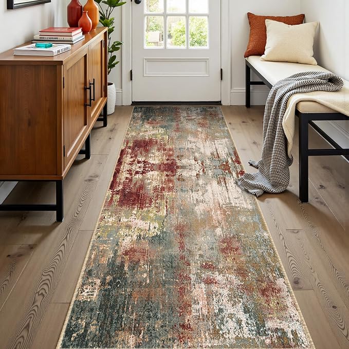 RELEANY Washable Runner 2'x8' Abstract Area Rug for Hallway Rustic Brown | carpet for kitchen, entryway, bathroom, living room, bedroom, printed pattern, non-slip, soft, stain-resistant, easy to clean
