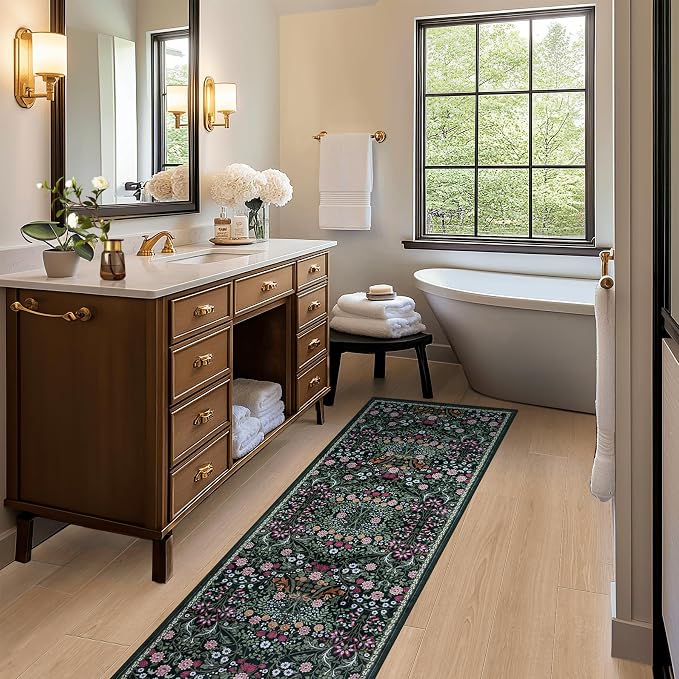 Runner Rug for Entryway: 2x5 Kitchen Rugs Non Slip Washable Ultra-Thin Soft Floral Carpet Indoor Floor Stain Resistant Carpets for Hallway Bedroom Kitchen Laundry Bathroom Dorm Dark Green