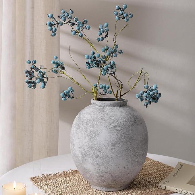 Starttag Large Ceramic Vase, 9.8 inch Rustic Farmhouse Flowers Vase for Home Decor, Sandstone Texture Round Pottery Tall Vase Indoor for Table Living Room Decor, Grey