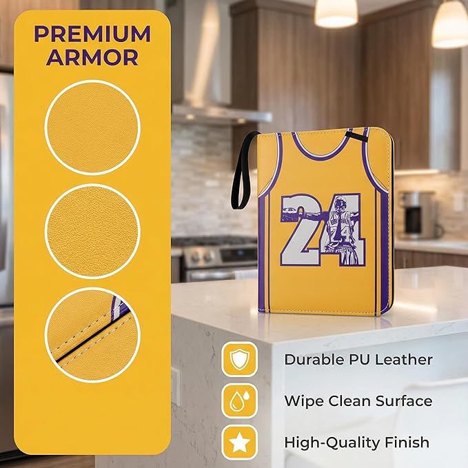 HBK Basketball Card Binder 400 Pockets, Waterproof PU Leather Sports Card Holder with Zipper, 3-Ring Trading Card Album with 50 Removable Sheets, Yellow (KB24)