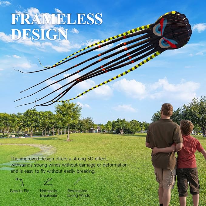 3D 26ft Ultra Large & Funs Octopus Foil Kite with 1000D Kite String, Beach Park Outdoor Fun Beach Trip Great Gift to Kids Build