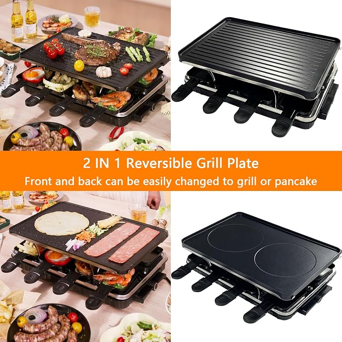 Raclette Table Grill, Electric Korean BBQ Grill, 2-in-1 Nonstick Electric Griddle with 8 Raclette Cheese Pans, Adjustable Temperature Control, 1300W, Ideal for Family and Party Fun