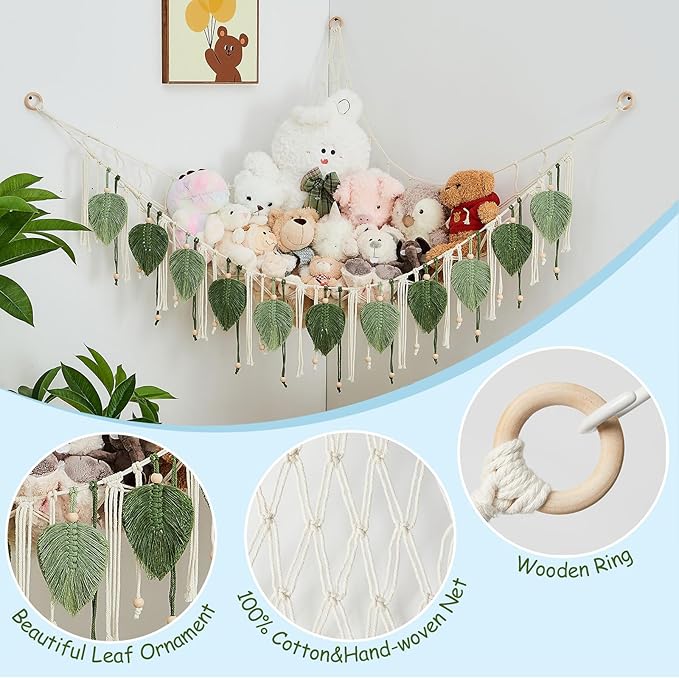 Pretty Jolly Macrame Stuffed Animal Hammock with Beads Hand Woven Leaf Tassels Corner Hanging Net Boho Plush Holder for Toys Kid Room Nursery Decor Organizer for Girls Gift(Sage Green&Avocado Green)
