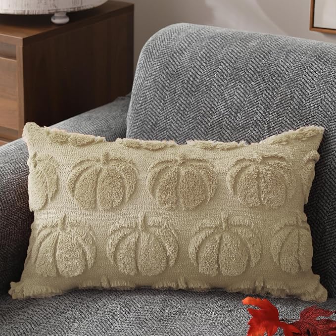 DFXSZ Fall Pillow Covers 12x20 2Pcs Beige Pumpkin Fall Decorations for Home | Fall decor Set of 2 Throw Pillow Cases Soft Plush Faux Fur Wool Couch Cushion for Chair Sofa Bedroom Living Room Home Decor