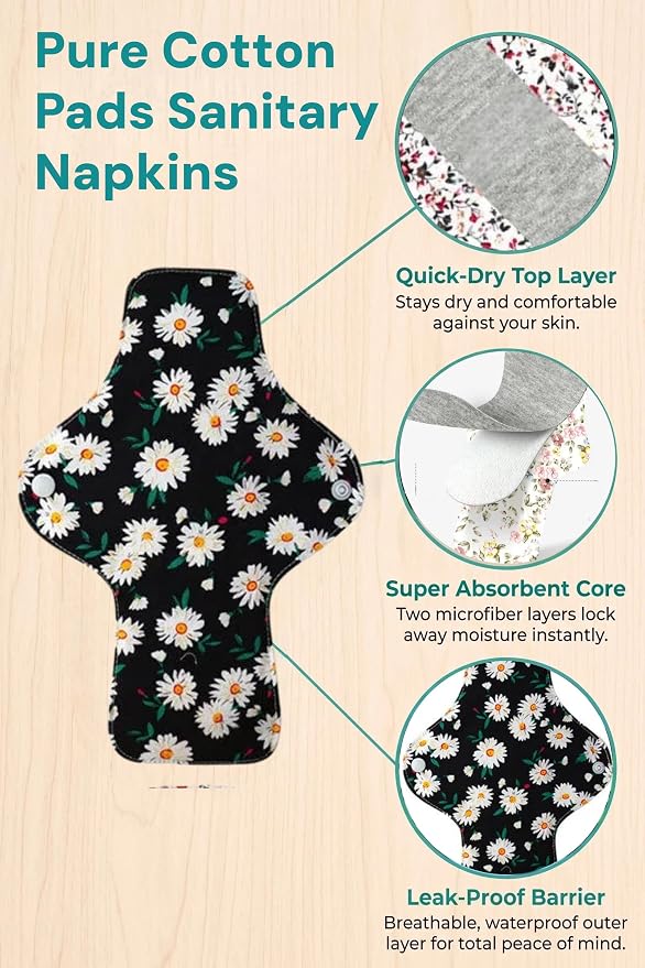 Washable Menstrual Pads,Reusable Incontinence Pads,Panty Liners Pads,Period Pads Sanitary Napkins,with 1 Storage Bag,for Women Postpartum/Incontinence Patients(Graphene Pink flower/L/6pcs)