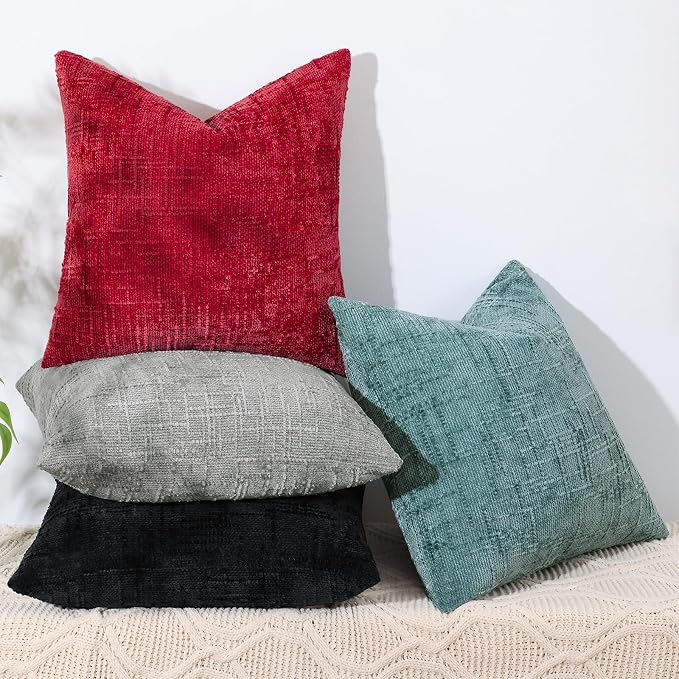 decorUhome Textured Chenille Throw Pillow Covers 16x16 Set of 2 Red | Fall Modern Farmhouse Soft Cozy Slubby Couch Pillow Cases Boho Decorative Pillow Cases for Bed Sofa Living Room Home Decor