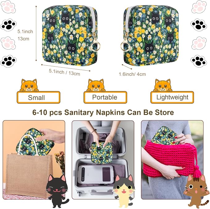 Likesing Tampon Holder for Purse, Canvas Period Bag Sanitary Napkin Storage Bag for Girls Womens, Portable Feminine Emergency Pad Period Pouch(Daisy Black Cat)