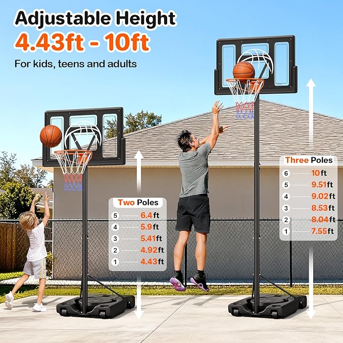 Yohood Basketball Hoop Outdoor 10ft Adjustable, Portable Basketball Hoop Goal System for Kids Youth and Adults in Backyard/Driveway/Indoor, 44 Inch Shatterproof Backboard and Larger Base