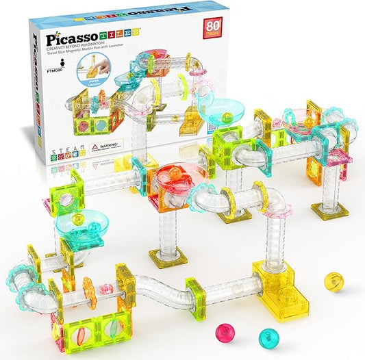 PicassoTiles Magnet Tile Building Block 80pc Marble Run Race Track Travel Size Pretend Play Toy With Launcher Lifter STEM Education Learning Magnetic Tiles Construction Kit School Boys Girls 3+ PTMG80
