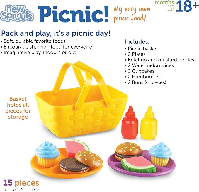 Learning Resources New Sprouts Picnic Set - 15 Pieces, Ages 18+ months Pretend Play Food for Toddlers, Preschool Learning Toys, Kitchen Play Toys for Kids