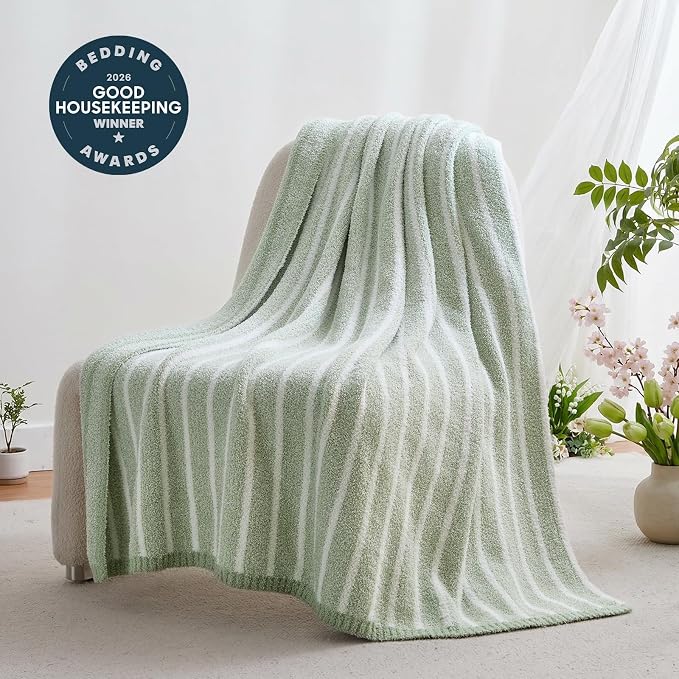 Snuggle Sac Ultra Soft Throw Blanket, Sage Green, 50"x60" | Reversible, Cozy Knitted Ribbed, Fuzzy Knit Striped, For Couch, Sofa, Bed, Home Decor