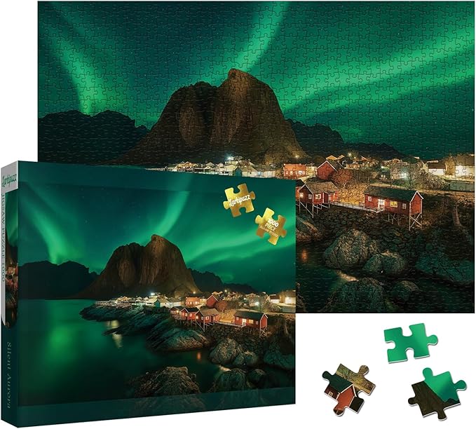 Magic Northern Lights Landscape Puzzles for Adults 1000 Pieces, Colorful Nature Aurora Norway Jigsaw Puzzles, Beautiful Mountain Scenic Cabin River Puzzle
