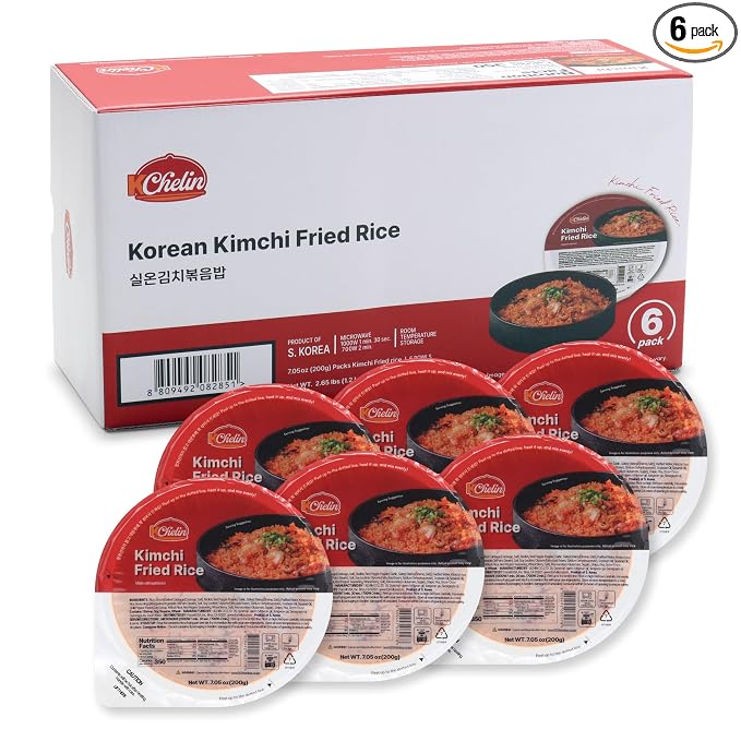 [KCHELIN] Microwaveable Korean Kimchi Fried Rice (Pack of 6), Korean Food, Instant, Quick & Delicious, Shelf- Stable, On-the-Go Meals, 7.05 oz per Bowl