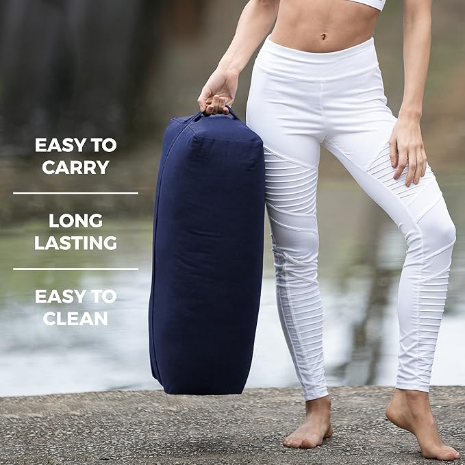 Extra Firm Large Yoga Bolster, 24" x 12" x 6" Cinched OR Zippered Yoga Pillow, Rectangular Cotton Cushion With Removable Cover for Studios, 1 Pack or 2 Pack