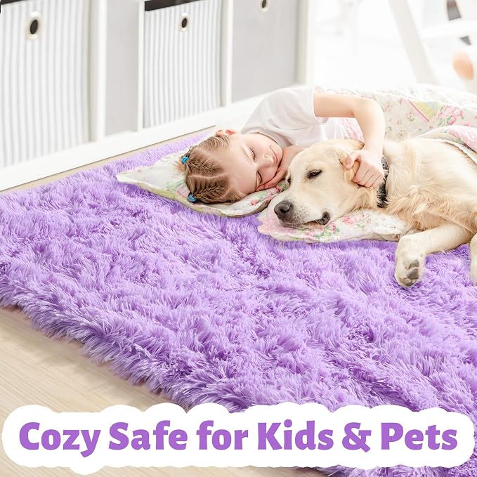 Amdrebio Purple Fluffy Kids Area Rug 4x6 for Girls Bedroom Dorm Nursery | Shaggy Furry Fuzzy Plush Shag Lavender Carpet, Classroom Playroom Living Room Decor, Baby Toddler Corner, Cutecore Aesthetic