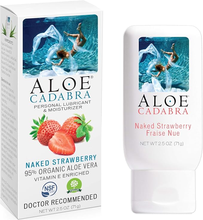 Aloe Cadabra Flavored Personal Lubricant & Vaginal Moisturizer, NSF Certified Organic Edible Aloe Lube for Men, Women & Couples, Non-Staining, pH Balanced, Toy Compatible (Strawberry, 2.5oz, 2 Pack)