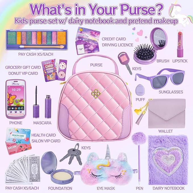 Little Girl Purse Accessories, My First Purse Set - Play Makeup Princess Plush Diary Unicorn Eye Mask Wallet Phone Pretend Credit Cards Kids Pretend Play Christmas Toy Gift for Girl Age 3+