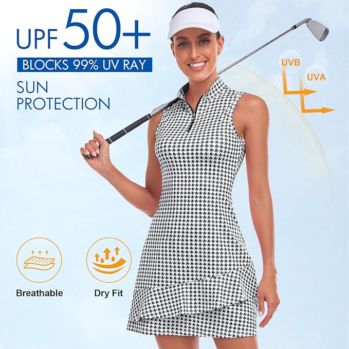 Viracy Tennis Dress for Women Sleeveless Golf Dresses with Shorts and Pockets Ruffle Zip Up Stand Collar Golf Outfits