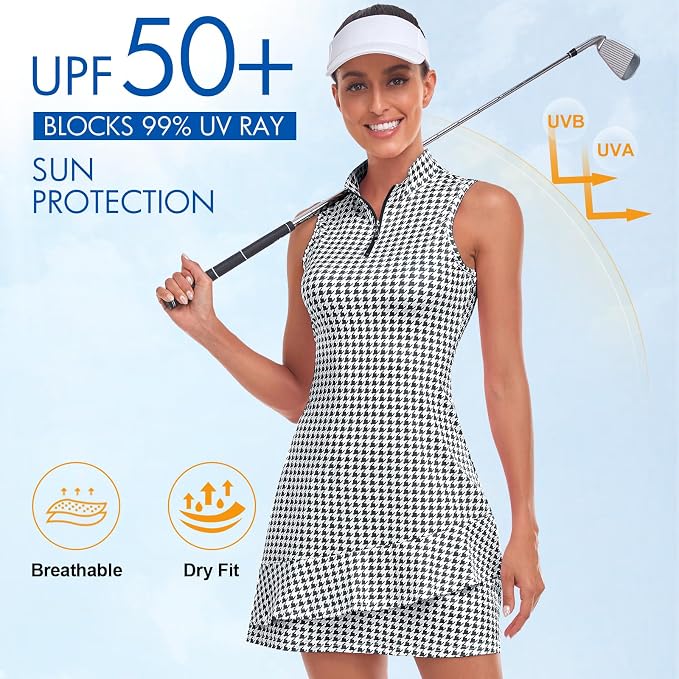 Viracy Tennis Dress for Women Sleeveless Golf Dresses with Shorts and Pockets Ruffle Zip Up Stand Collar Golf Outfits