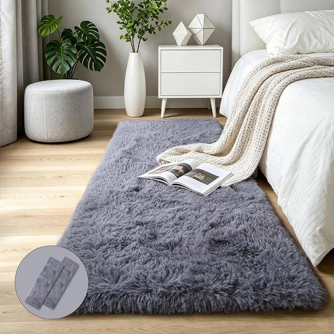KICHOWUA Grey Fluffy Shag Rug 2x6, 2 Pcs Soft Plush Fuzzy Washable Non Slip | Modern cozy furry shaggy carpet for bedroom, living room, kids room, nursery, dorm, boys and girls