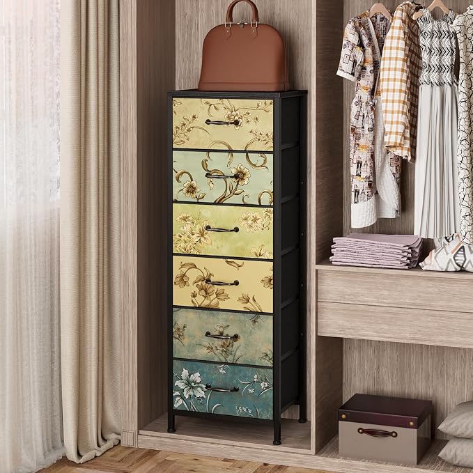 Tall 6 Drawers Dresser for Bedroom, Vintage Storage Organizer Unit | Tall Nightstand with Fabric Drawers, Retro Floral Pattern, Skinny Dresser for Closet, Dorm, Entryway, Metal Frame, Wood Top