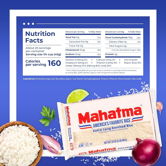 Mahatma Extra-Long-Grain Rice 2-Pound Rice Bag, Gluten-Free and Non-GMO White Rice Bulk Bag | Long-grain white rice for stovetop or microwave, quick and easy to cook, gluten-free, vegan, kosher, non-GMO, bulk bag